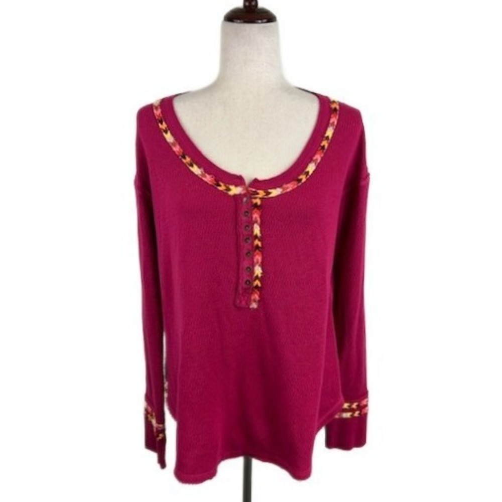 We The Free People Thermal Top Long Sleeve Henley Pink Embroidered Size Medium